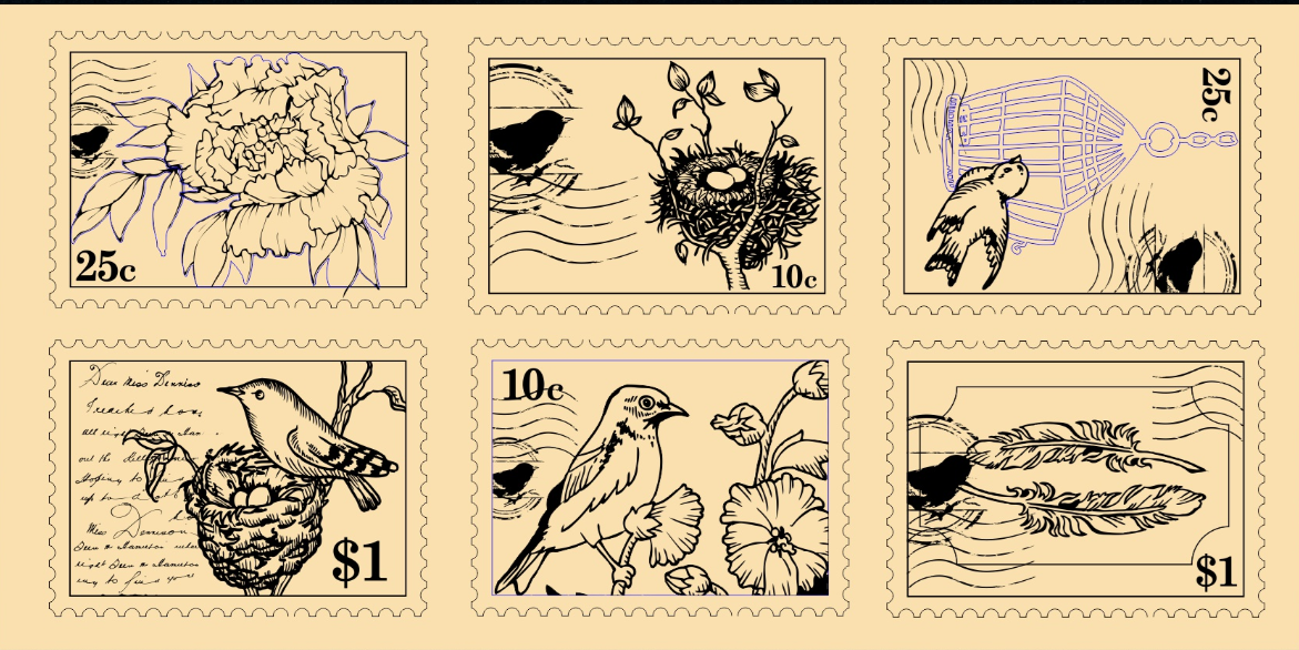 Postage Stamp Birds and Flowers Chipboard